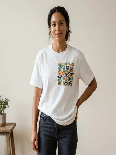 Woman wearing an organic white T-shirt with a detailed custom colorful chain-stitch embroidery on the chest