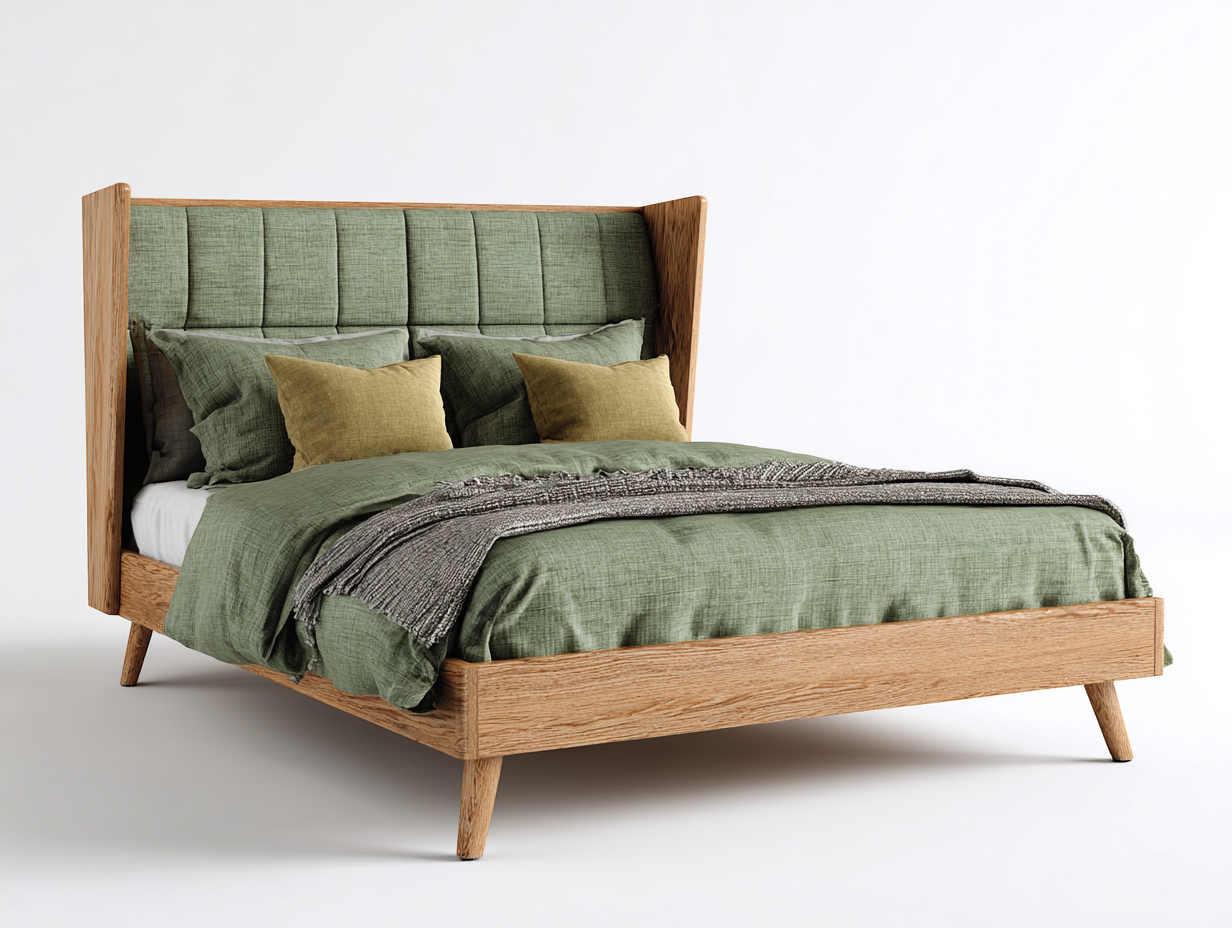 Letto matrimoniale in legno con testiera imbottita 214x172x118 cm legno naturale-verde per camera - design moderno-Rosolvahaven