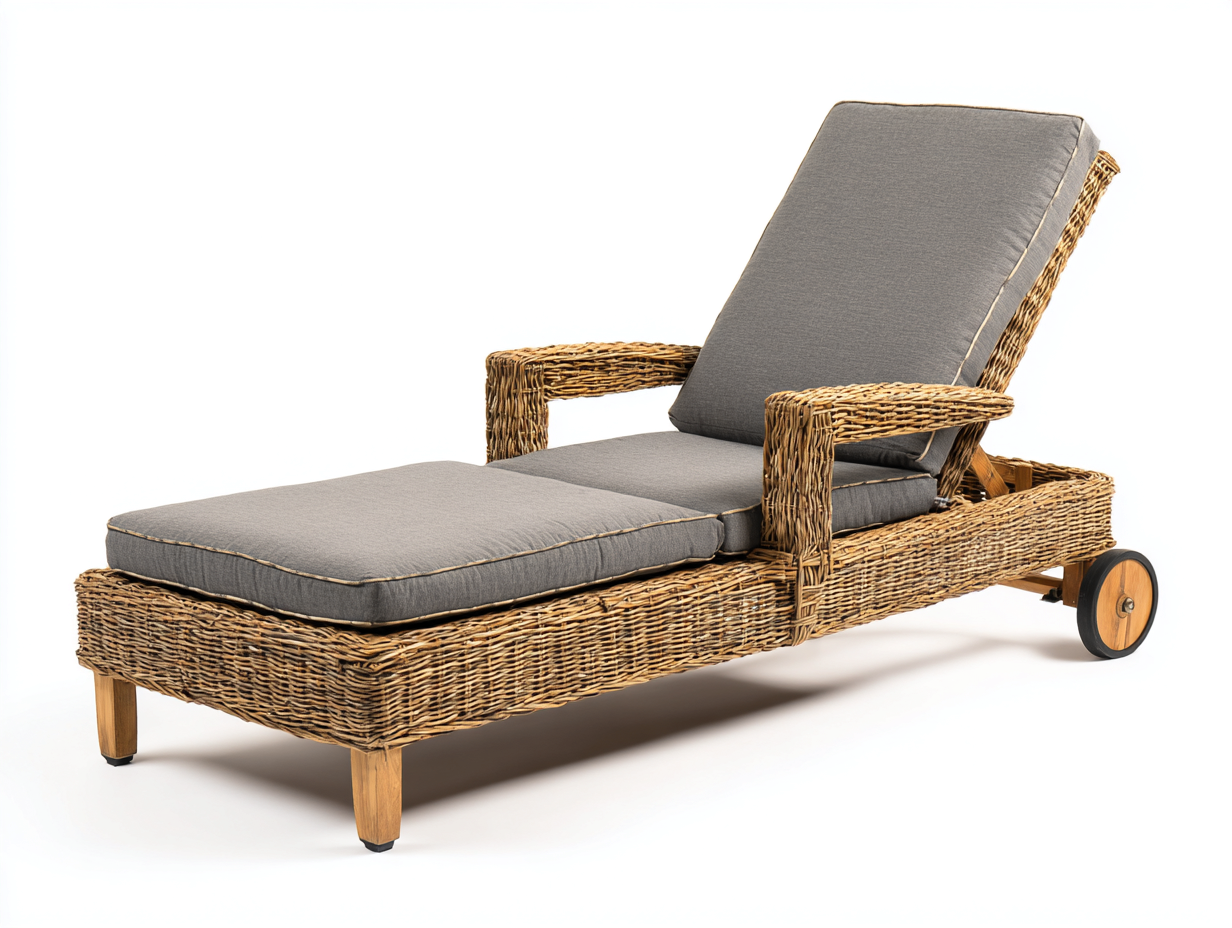 Lettino prendisole in rattan intrecciato 176x72x86 cm marrone chiaro-grigio per giardino - design naturale con ruote-Rosolvahaven