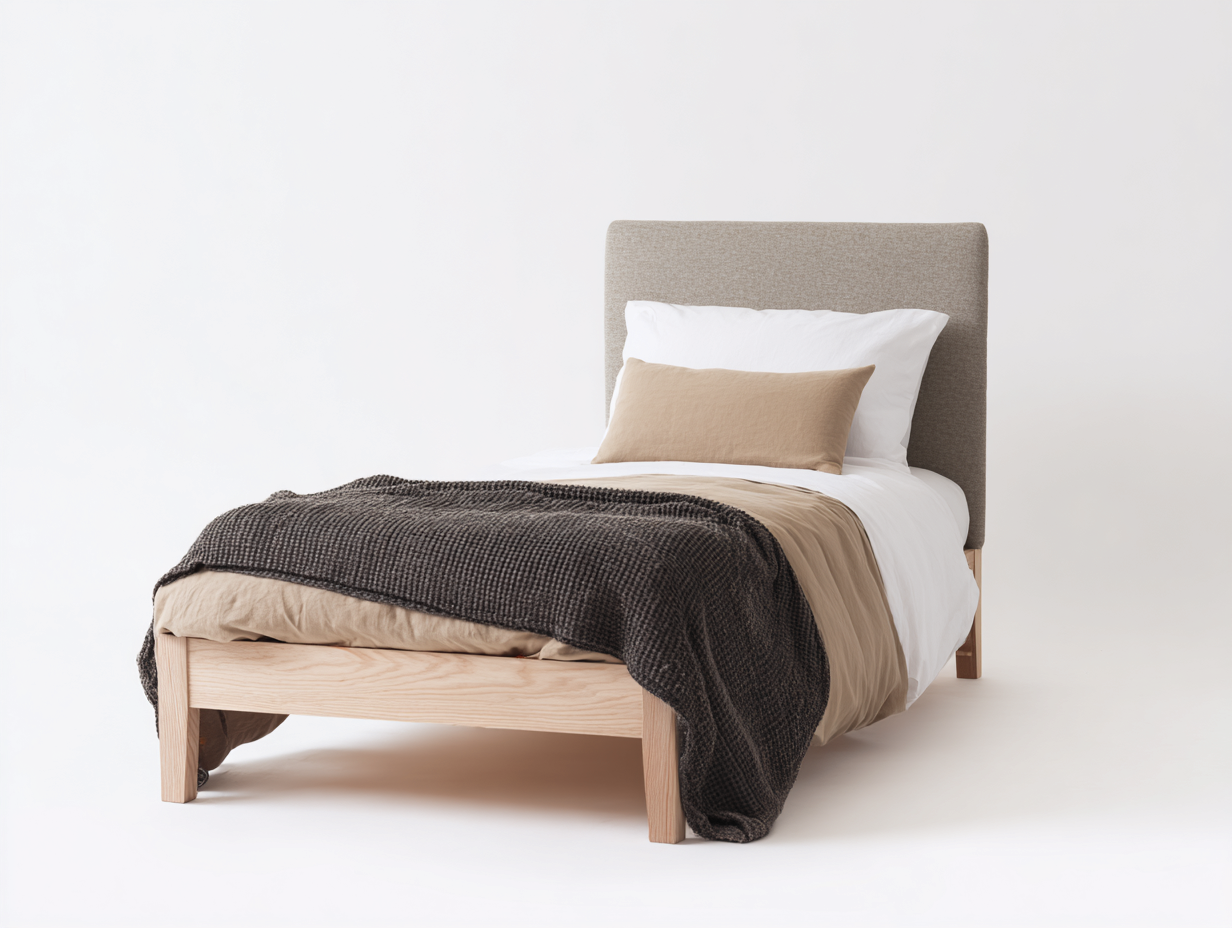 Letto singolo in legno con testiera imbottita 202x94x88 cm legno naturale-grigio per camera - design moderno compatto-Rosolvahaven