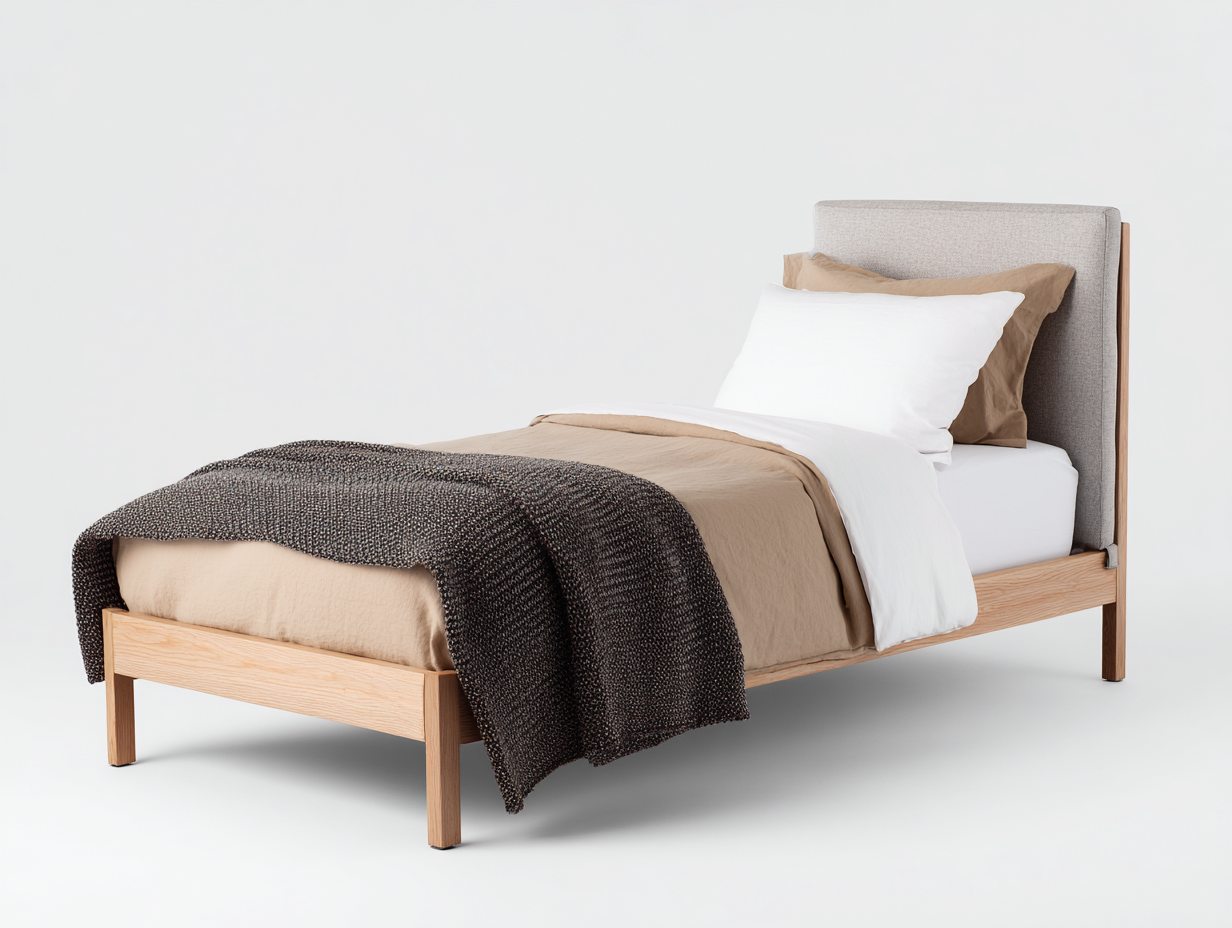 Letto singolo in legno con testiera imbottita 203x96x89 cm legno naturale-grigio per camera - design moderno compatto-Rosolvahaven
