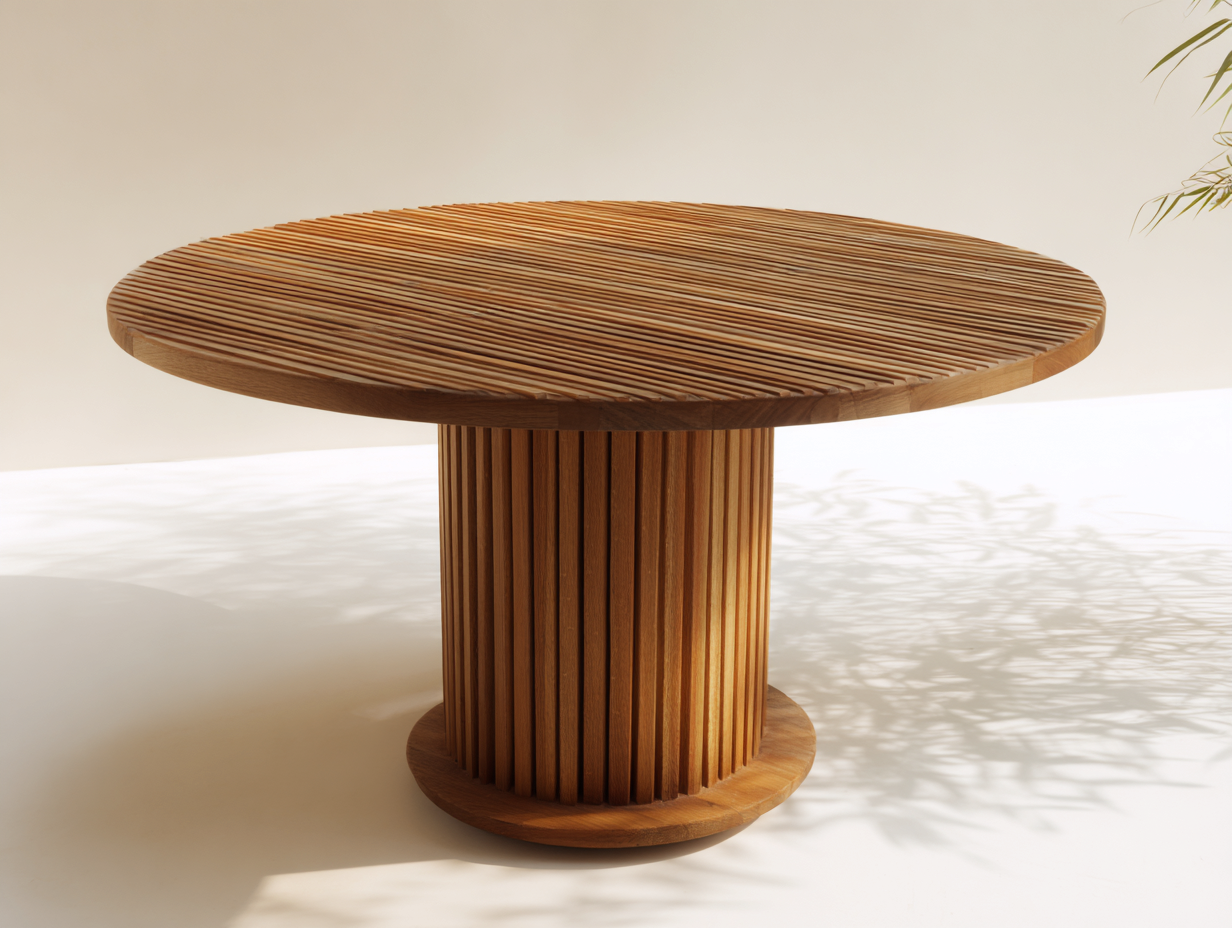 Tavolo da giardino rotondo in legno 118x118x75 cm legno naturale per esterno - design moderno a doghe-Rosolvahaven