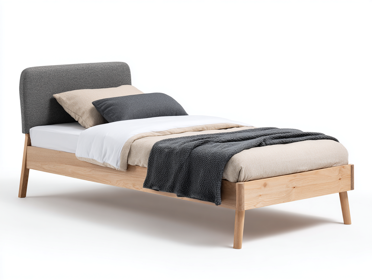 Letto singolo in legno con testiera imbottita 206x97x92 cm legno naturale-grigio scuro per camera - design moderno compatto-Rosolvahaven