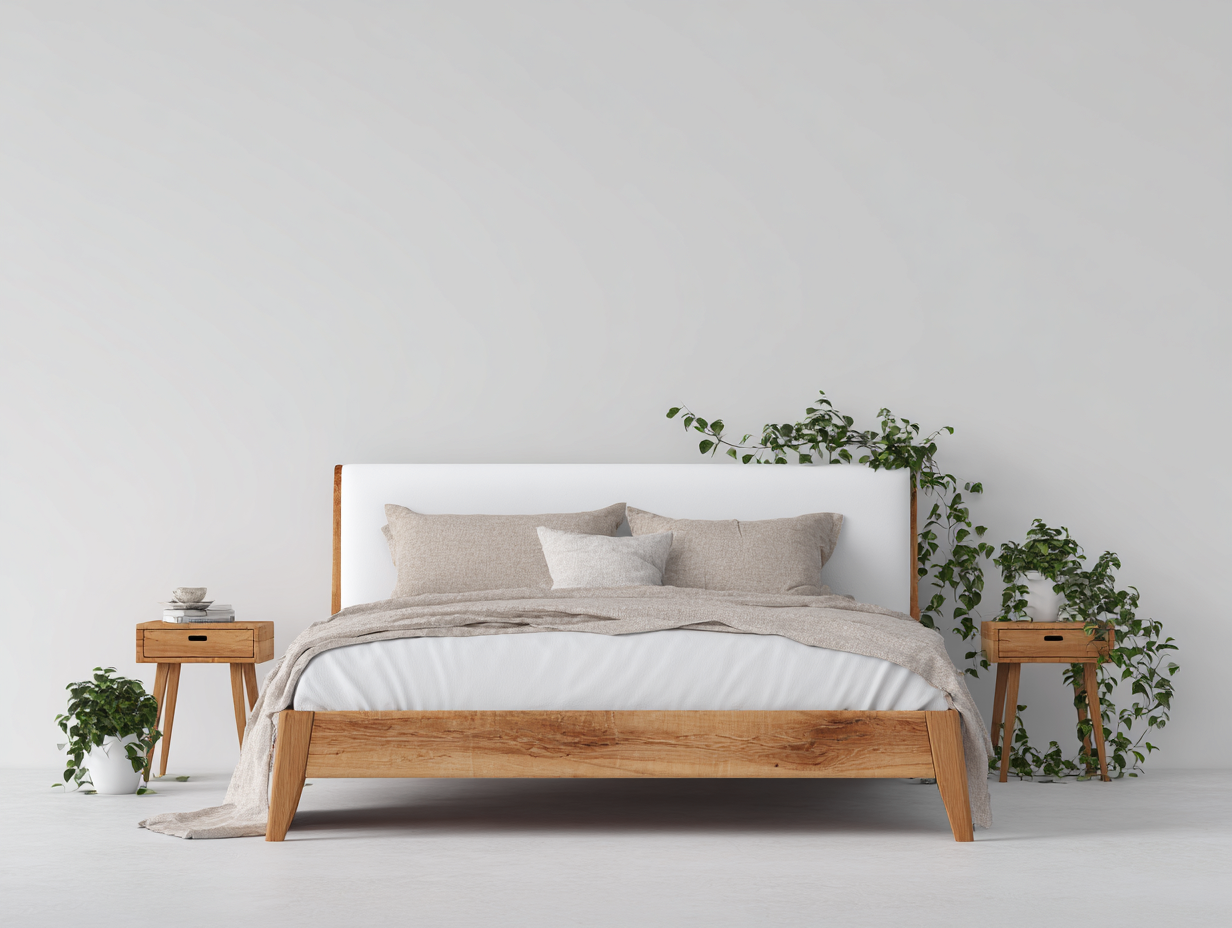 Letto matrimoniale in legno 208x168x104 cm legno naturale-bianco per camera - design moderno con testiera imbottita-Rosolvahaven