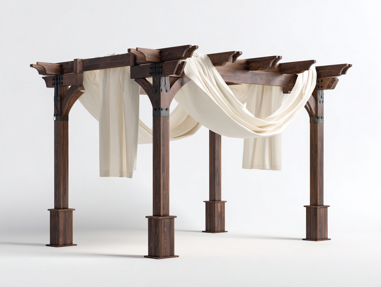 Pergola da giardino in legno 410x360x280 cm - marrone scuro e bianco crema - adatta a giardino e terrazza - design rustico con tende in tessuto-Vanorvahouse