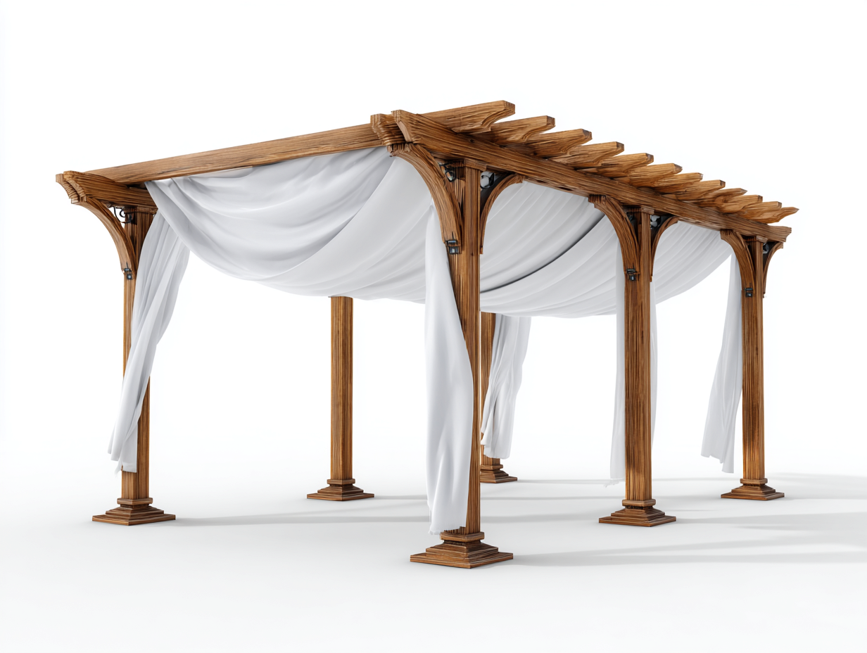 Pergola da giardino in legno 390x350x275 cm - marrone chiaro e bianca - adatta a giardino e terrazza - design classico con tende decorative-Vanorvahouse