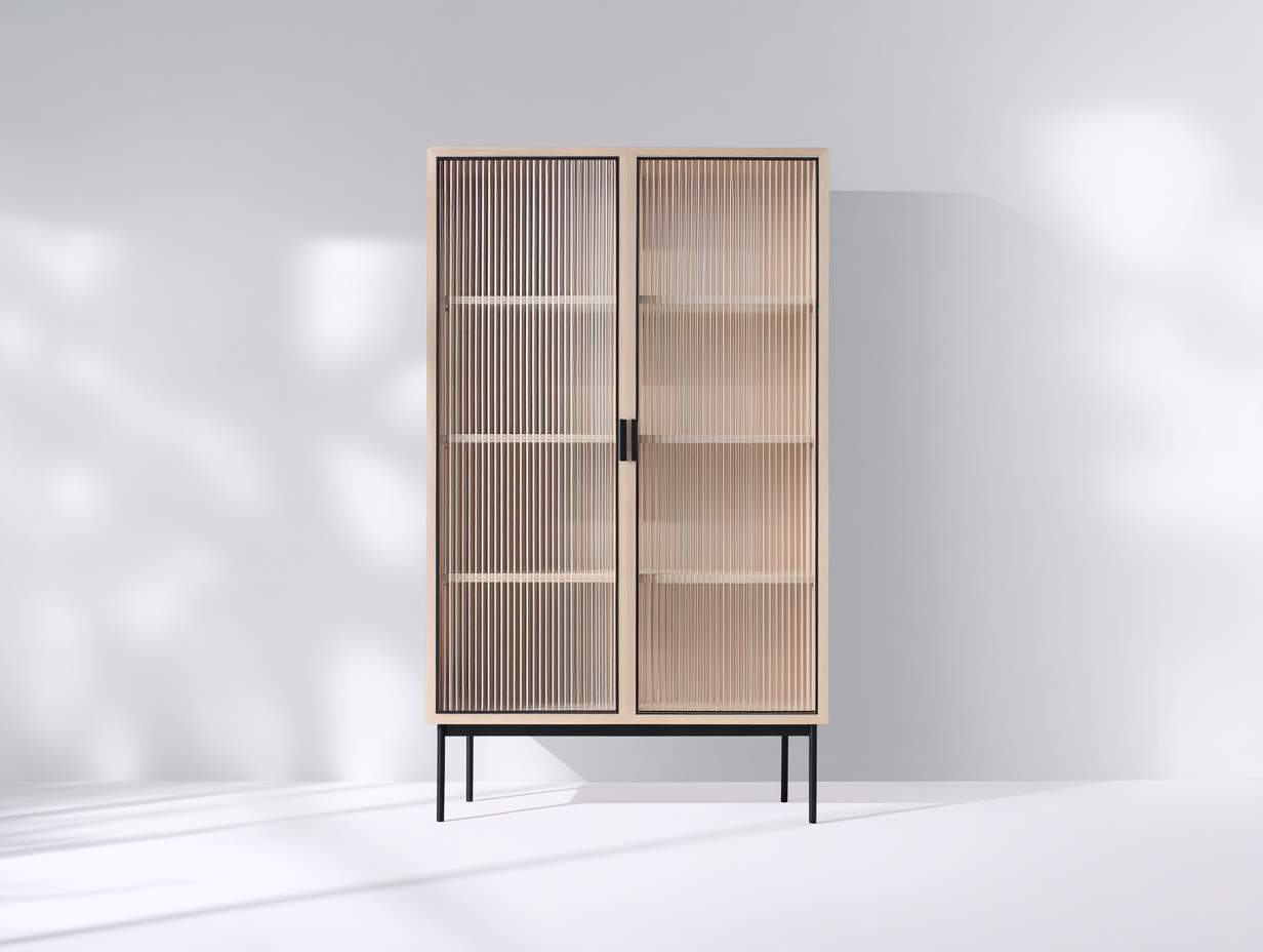 Libreria in legno e vetro 90x38x165 cm - legno naturale e nero - adatte a ufficio - design moderno con ante scanalate-Vanorvahouse