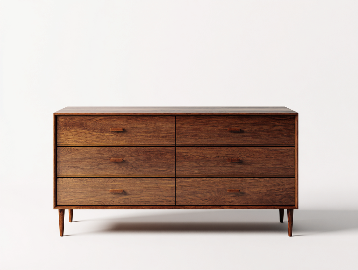 Cassettiera in legno con 6 cassetti 152x44x79 cm - noce scuro - stile moderno di metà secolo per camera da letto-Serenezenohaus