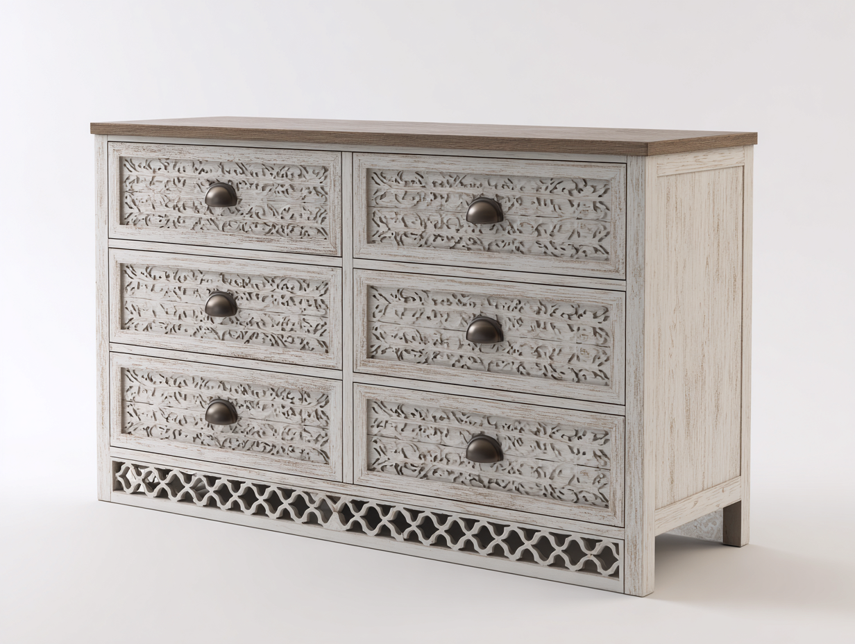 Cassettiera in legno con 6 cassetti 120x42x82 cm - bianco anticato-marrone naturale - stile vintage per camera da letto-Serenezenohaus