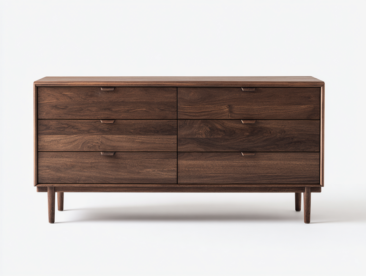 Cassettiera in legno con 6 cassetti 154x45x80 cm - noce scuro - stile moderno di metà secolo per camera da letto-Serenezenohaus