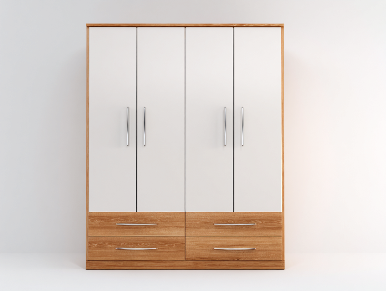 Kleiderschrank - Holzwerkstoff-Metall - 160x58x202 cm - Weiß-Naturholz - Moderner Stil-Davaraabode