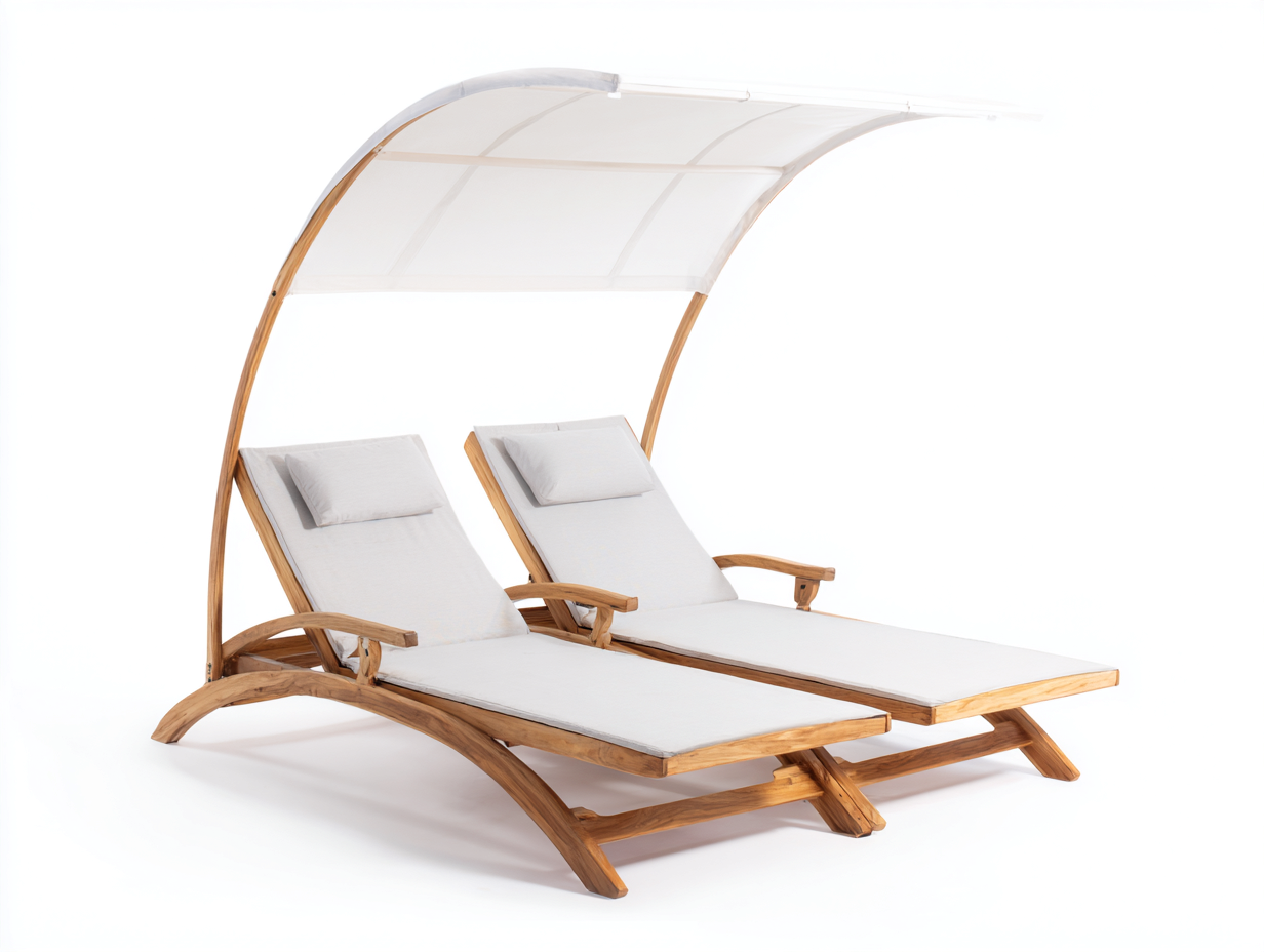 Sonnenliege-Holz-Textil-220x170x210 cm-Natur-Weiß-Moderner Outdoorstil-Davaraabode
