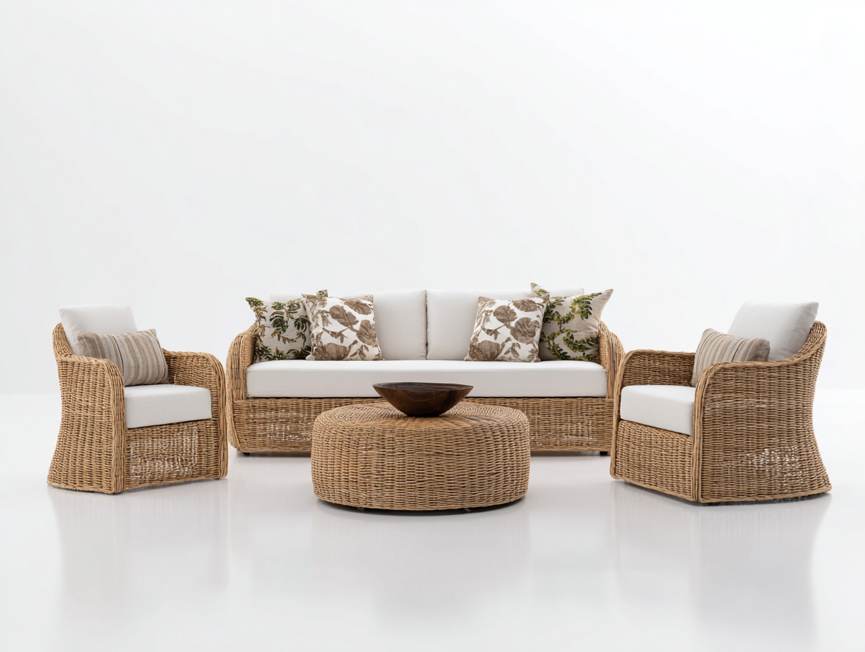 Gartensofa-Rattan-198x85x88 cm-Naturbraun-Weiß-Klassisch-Davaraabode