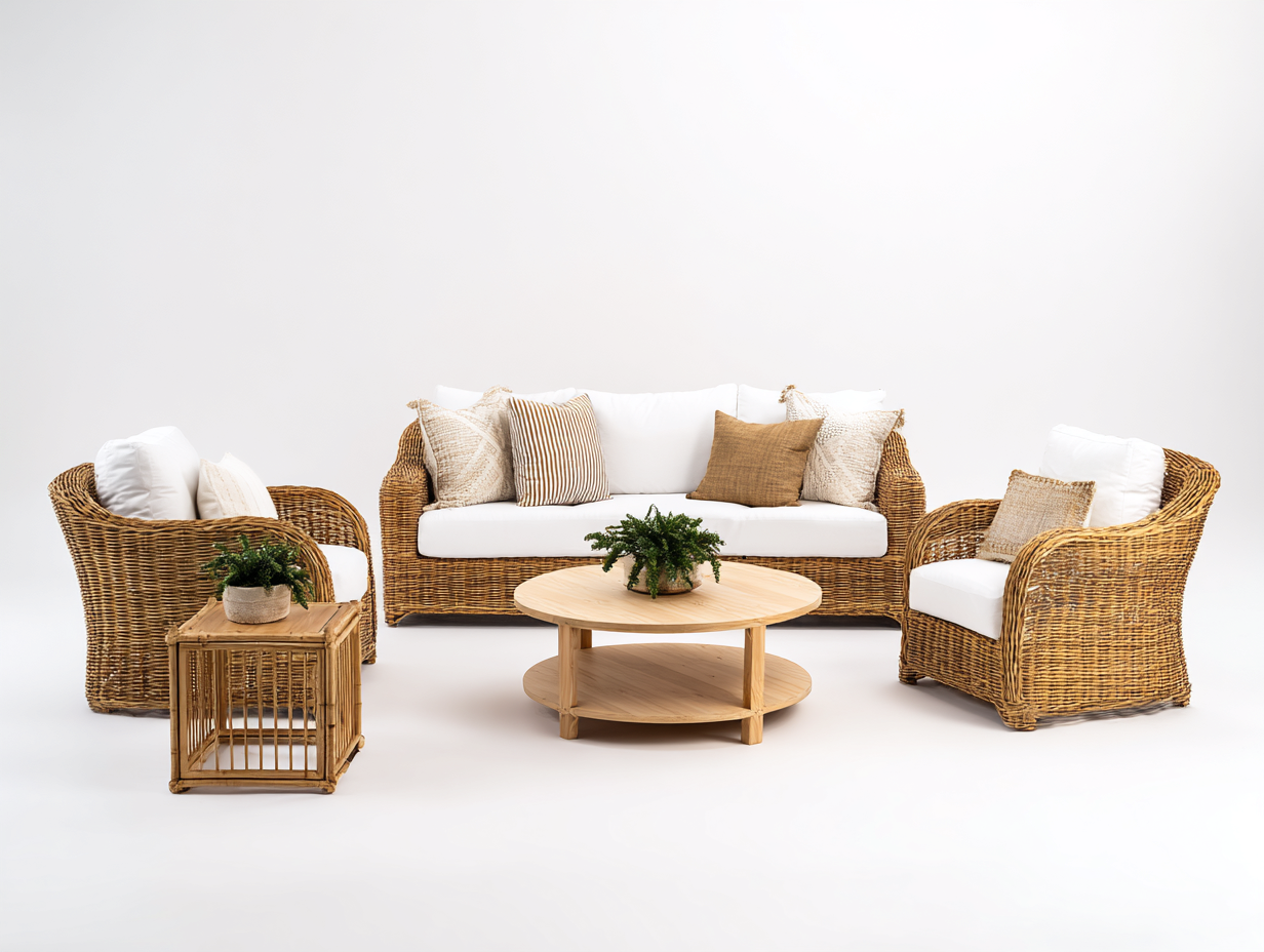 Gartensofa-Rattan-Holz-210x86x88 cm-Naturbraun-Weiß-Klassisch-Davaraabode