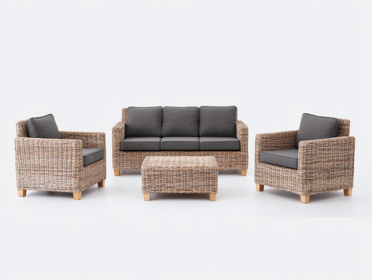 Gartensofa-Polyrattan-Holz-212x82x86 cm-Naturbraun-Grau-Modern-Davaraabode