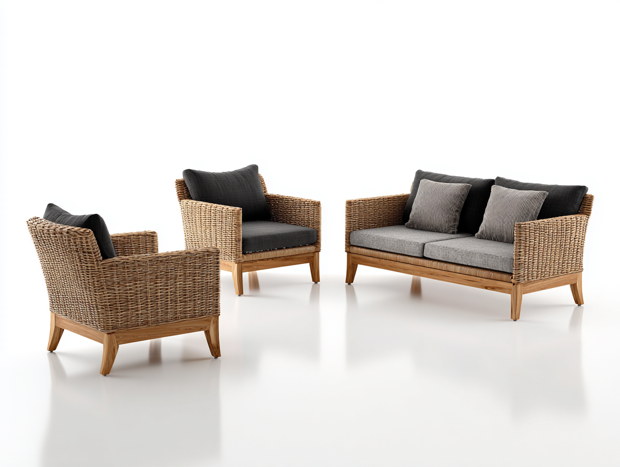 Gartensofa-Polyrattan-Holz-168x82x86 cm-Naturbraun-Dunkelgrau-Modern-Davaraabode