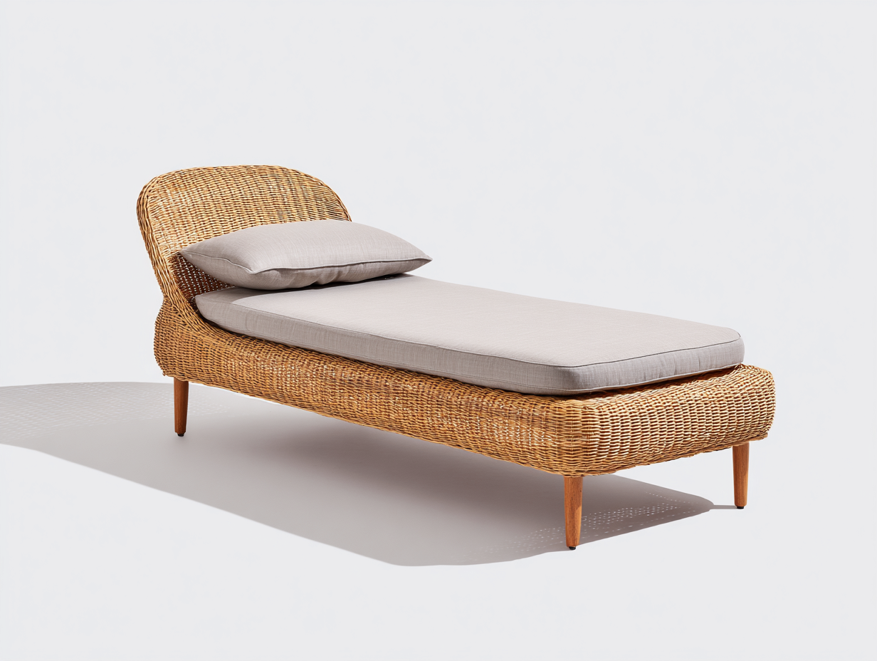 Lettino prendisole in rattan intrecciato 200x70x78 cm - naturale-grigio chiaro - design con schienale curvo per giardino e terrazza-Vasolloft