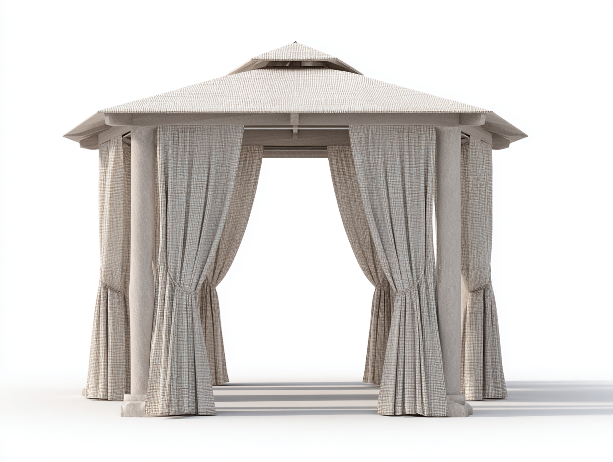 Pergola da giardino con struttura effetto pietra e tessuto 340x340x295 cm - beige - design classico con tende per esterno-Vasolloft