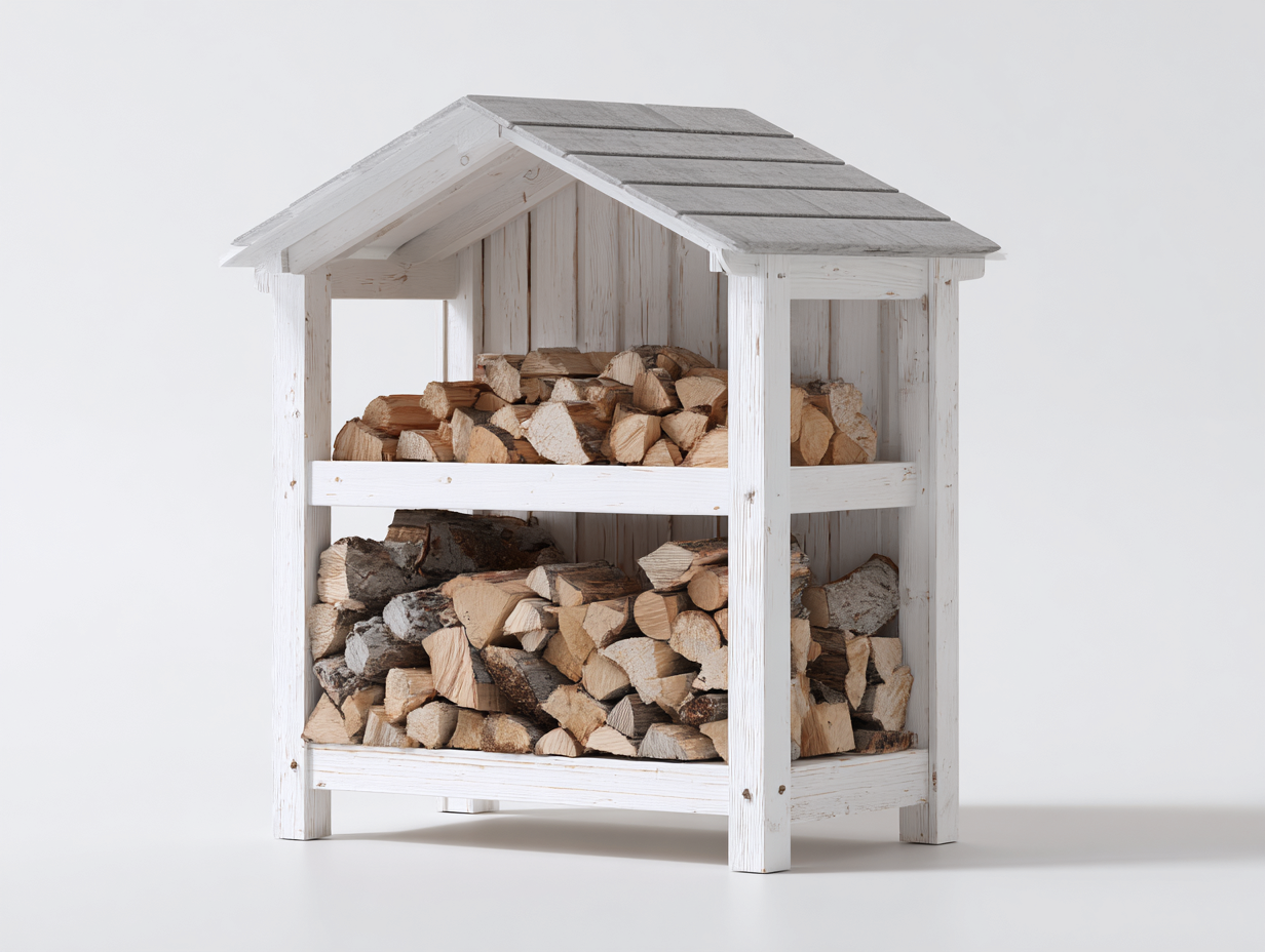 Portalegna in legno con tetto a doppia falda 118x60x145 cm - bianco - design coperto per giardino e terrazza-Vasolloft
