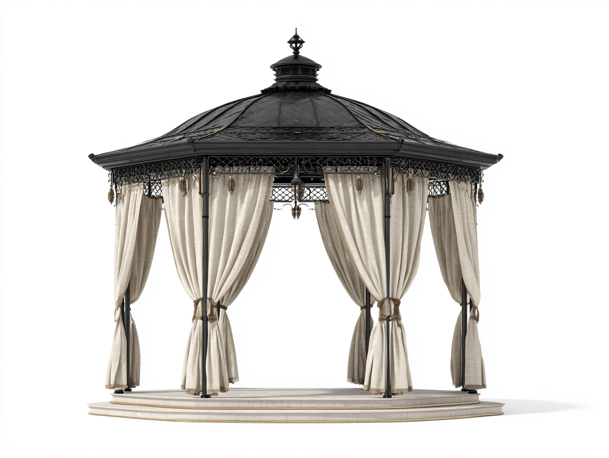 Pergola da giardino in metallo e tessuto 380x380x320 cm - nero-beige - design a padiglione con tende per esterno-Vasolloft