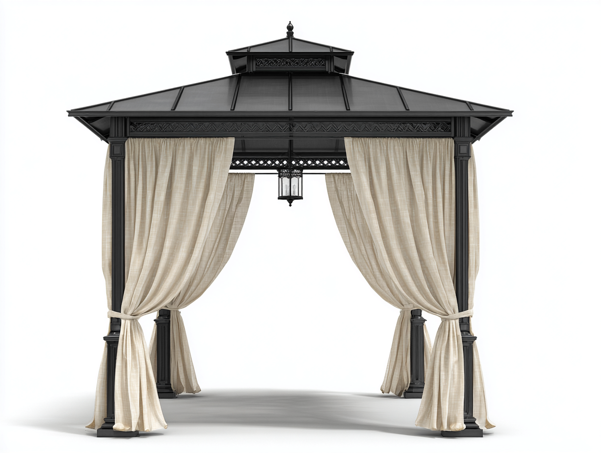 Pergola da giardino in metallo e tessuto 360x330x305 cm - nero-crema - design con tetto rigido e tende per esterno-Vasolloft