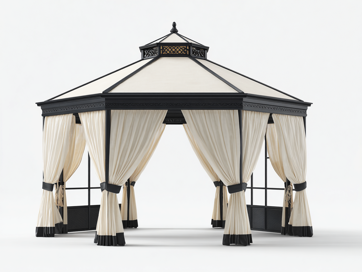 Pergola da giardino in metallo e tessuto 360x360x300 cm - Nero-Beige - Per uso esterno - Design classico-Vasolloft