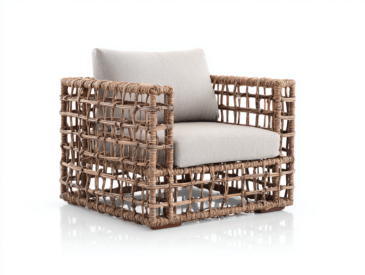 Polyrattan Gartensessel - Polyrattan-Stoff-Holz - 88x82x74 cm - Braun-Beige - Modern-Donoastudio