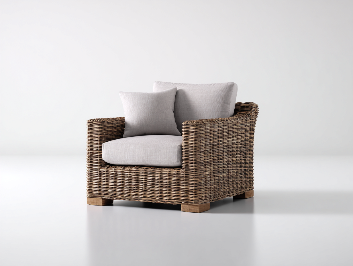Polyrattan Gartensessel - Polyrattan-Stoff-Holz - 98x86x78 cm - Braun-Grau - Modern-Donoastudio