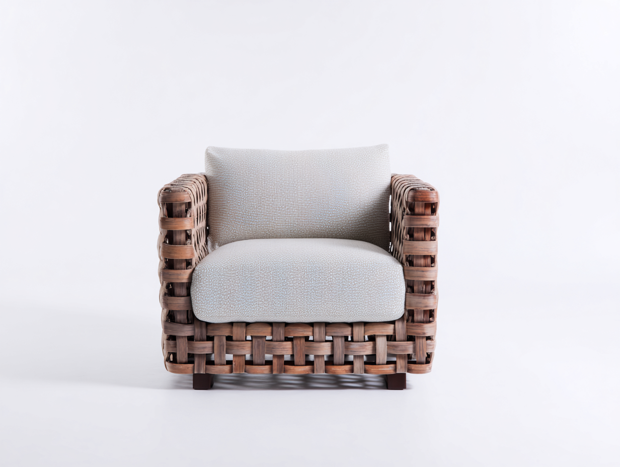 Polyrattan Gartensessel - Polyrattan-Stoff-Holz - 90x80x72 cm - Braun-Beige - Modern-Donoastudio