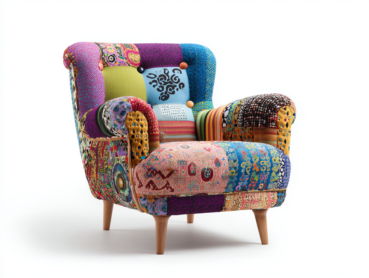 Fauteuil - tissu-bois - 82x86x98 cm - multicolore-noir-bois naturel - bohème vintage-Madorvahome