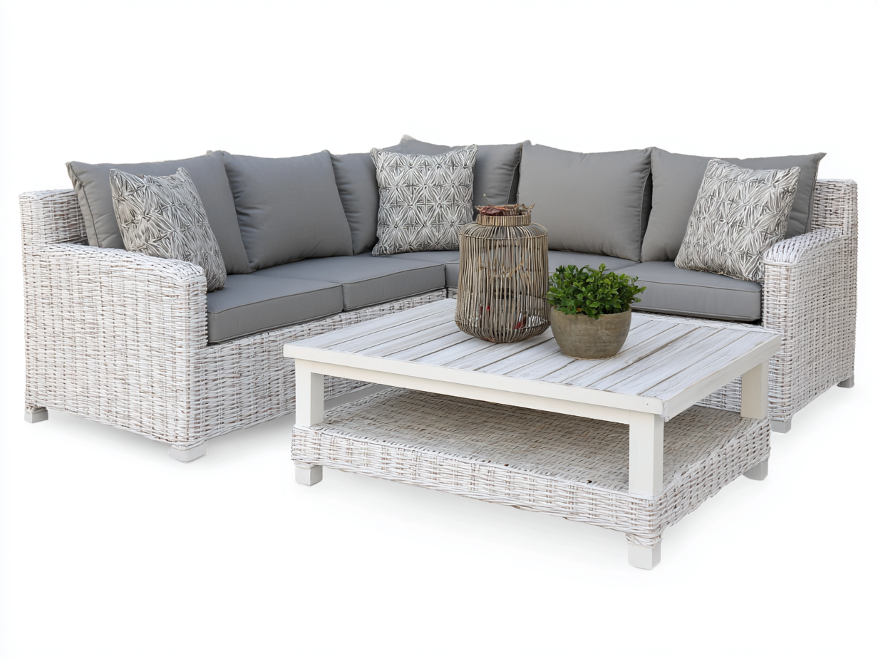 Canapé de jardin - Résine tressée - Tissu - 235x235x74 cm - Blanc-Gris - Moderne extérieur-Monorsonest
