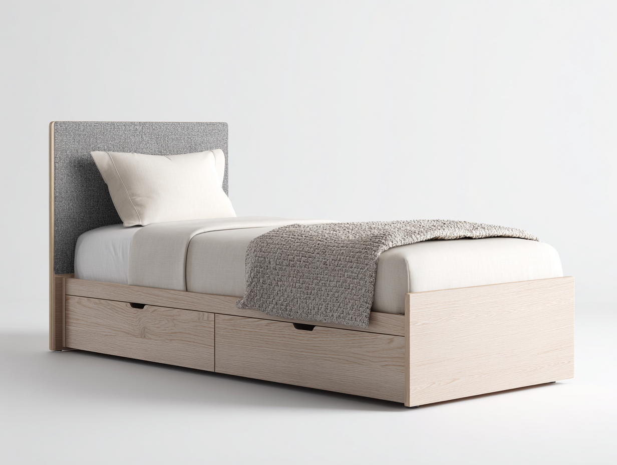 Lit simple - bois - tissu - 214 x 106 x 112 cm - chêne clair-gris - style moderne-Monorsonest