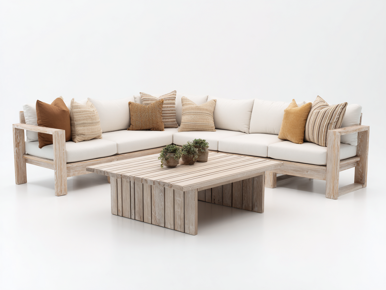 Canapé de jardin - Bois - Tissu - 285x230x76 cm - Bois blanchi-Blanc cassé - Naturel contemporain-Monorsonest