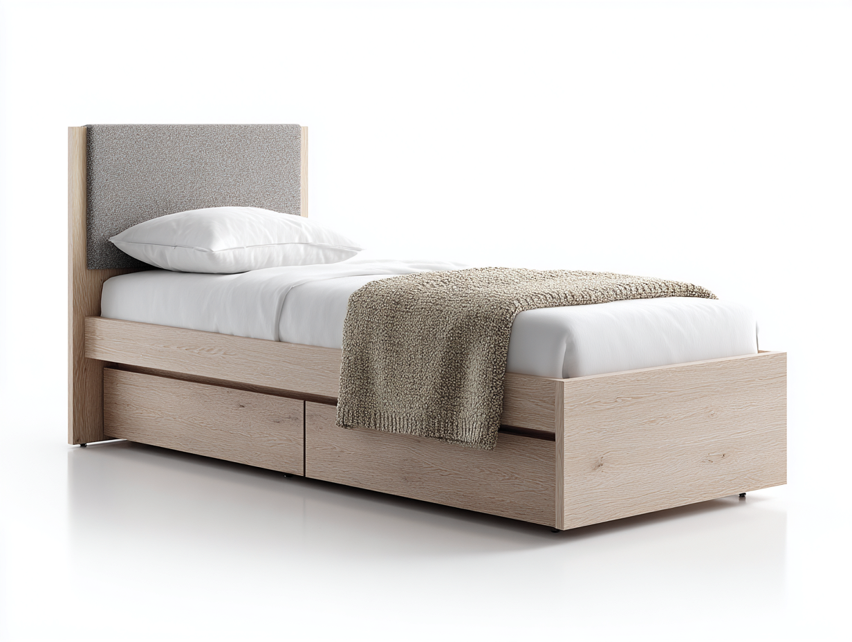 Lit simple - bois - tissu - 216 x 105 x 110 cm - chêne clair-gris - style moderne-Monorsonest