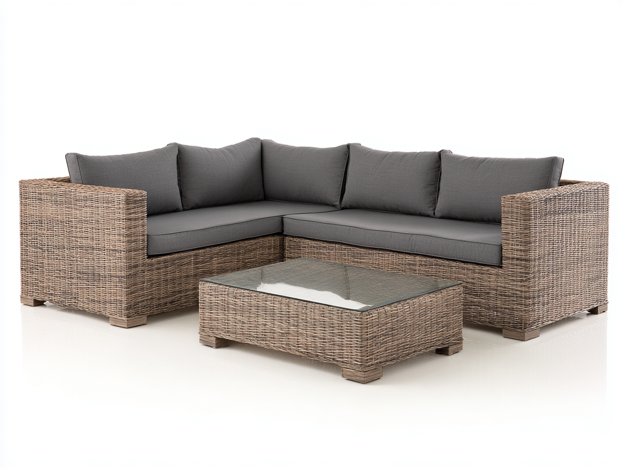 Canapé de jardin - Résine tressée - Tissu - Verre - 285x210x75 cm - Naturel-Gris-Transparent - Moderne extérieur-Monorsonest