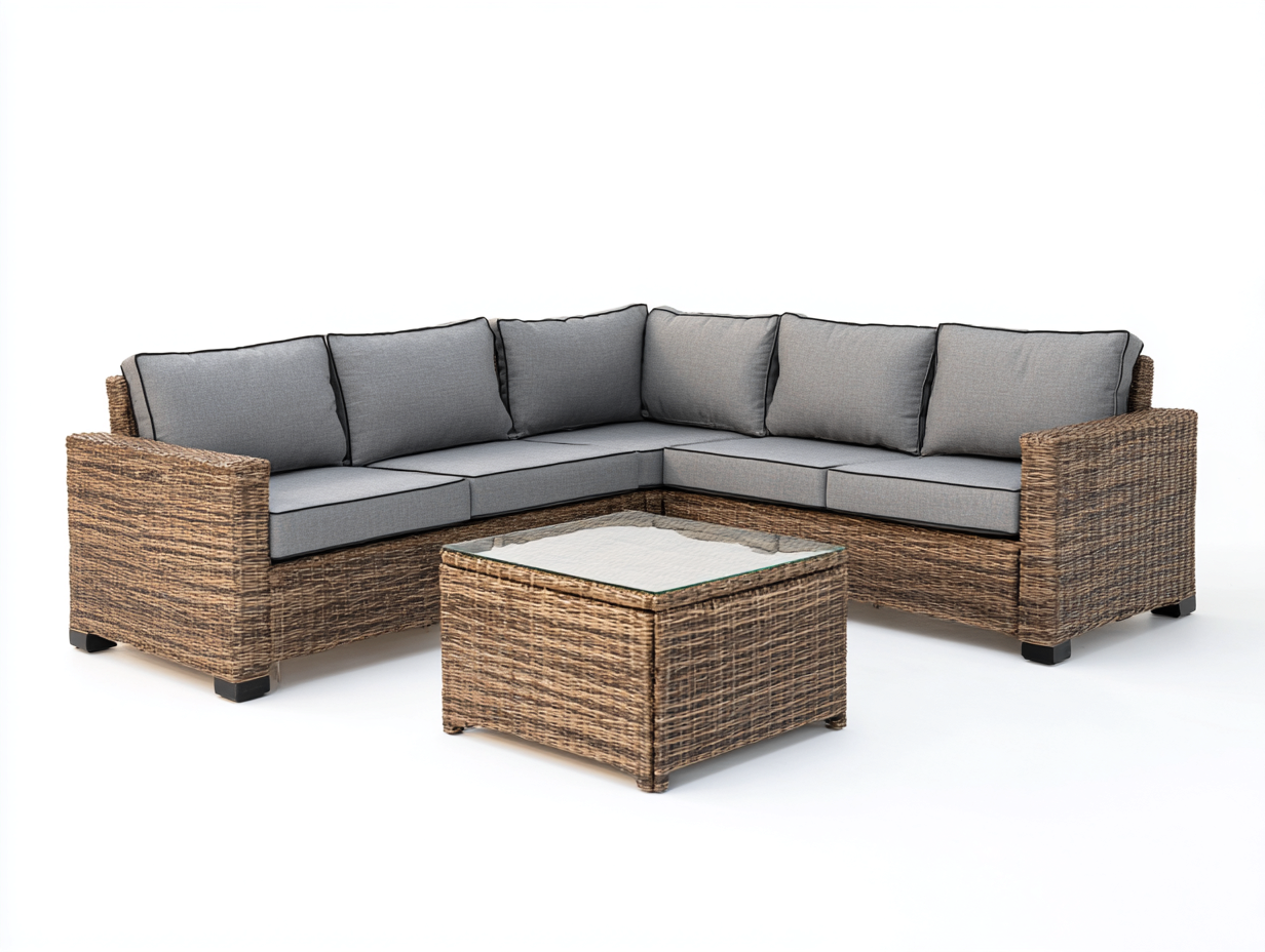 Canapé de jardin - Résine tressée - Tissu - Verre - 238x238x76 cm - Brun-Gris-Transparent - Moderne extérieur-Monorsonest
