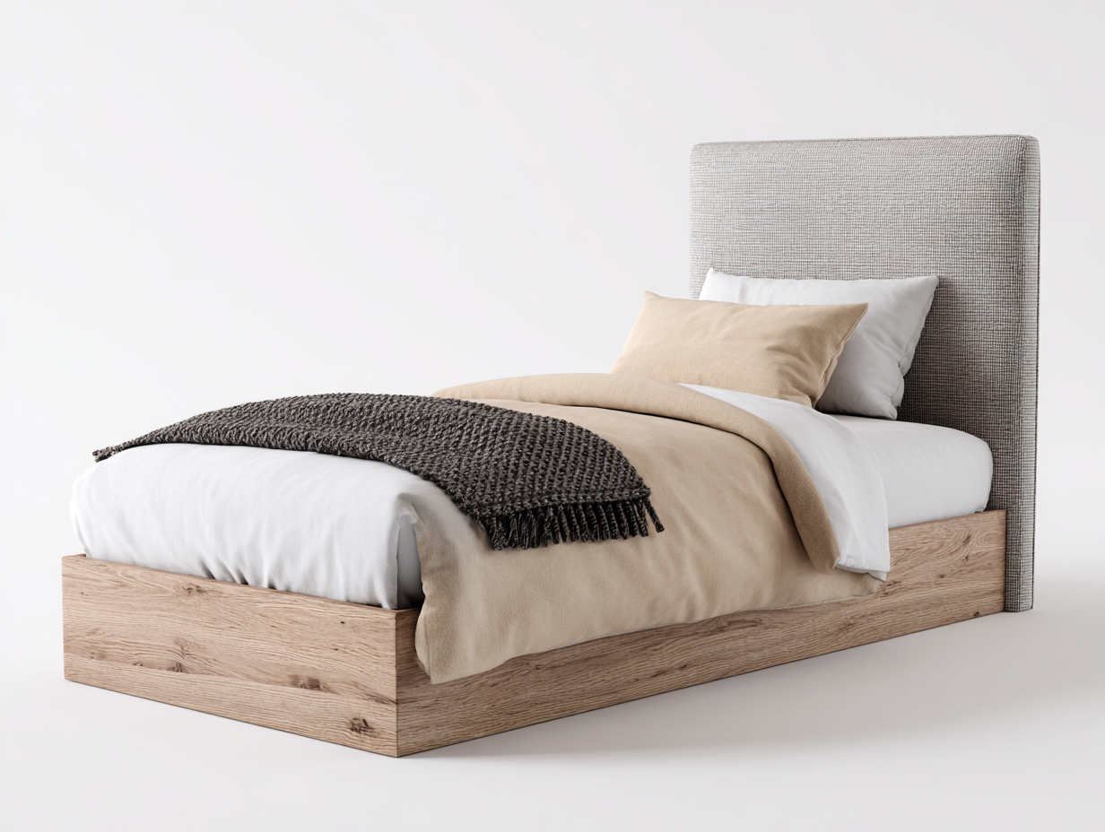 Lit simple - bois - tissu - 212 x 104 x 118 cm - chêne naturel-gris - design moderne-Monorsonest