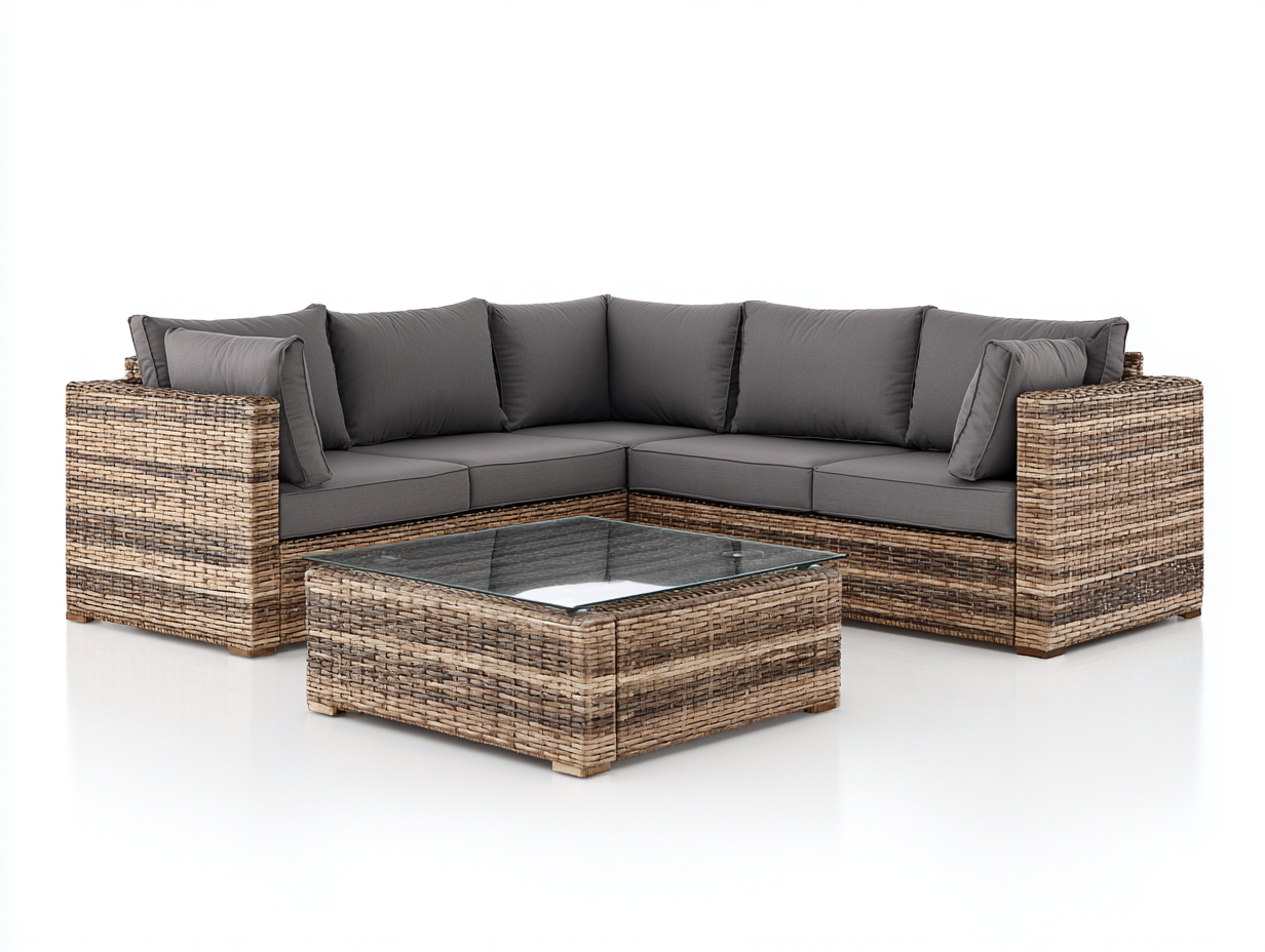 Canapé de jardin - Résine tressée - Tissu - Verre - 235x235x76 cm - Naturel-Gris-Transparent - Moderne extérieur-Monorsonest