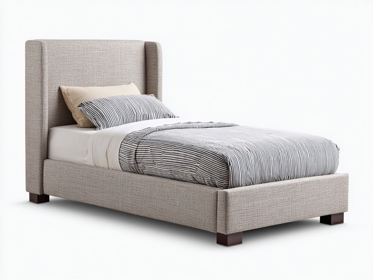 Lit simple - tissu - bois - 213 x 105 x 122 cm - beige-marron - style contemporain-Monorsonest
