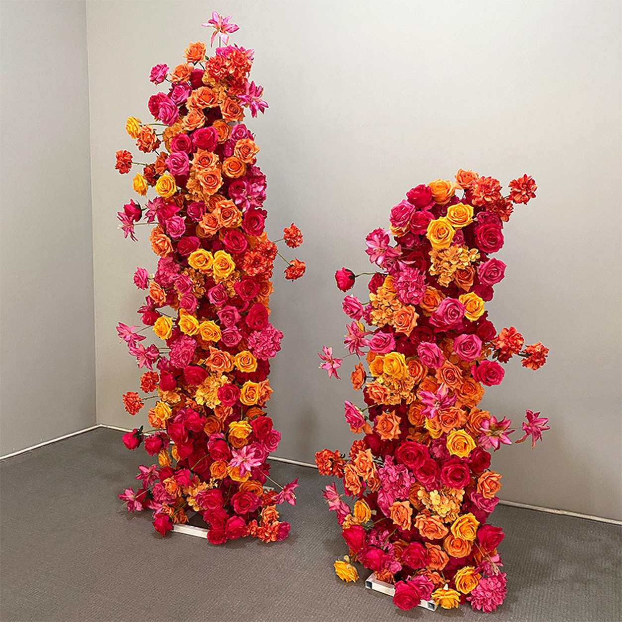 0.9in & 55.1in Hot Pink Orange Yellow Freestanding Floral Column Set, Artificial Rose Flower Pillar Backdrop for Wedding Ceremony Arch, Vibrant Summer Event Floral Stand Decor, Built-in Metal Frame Included