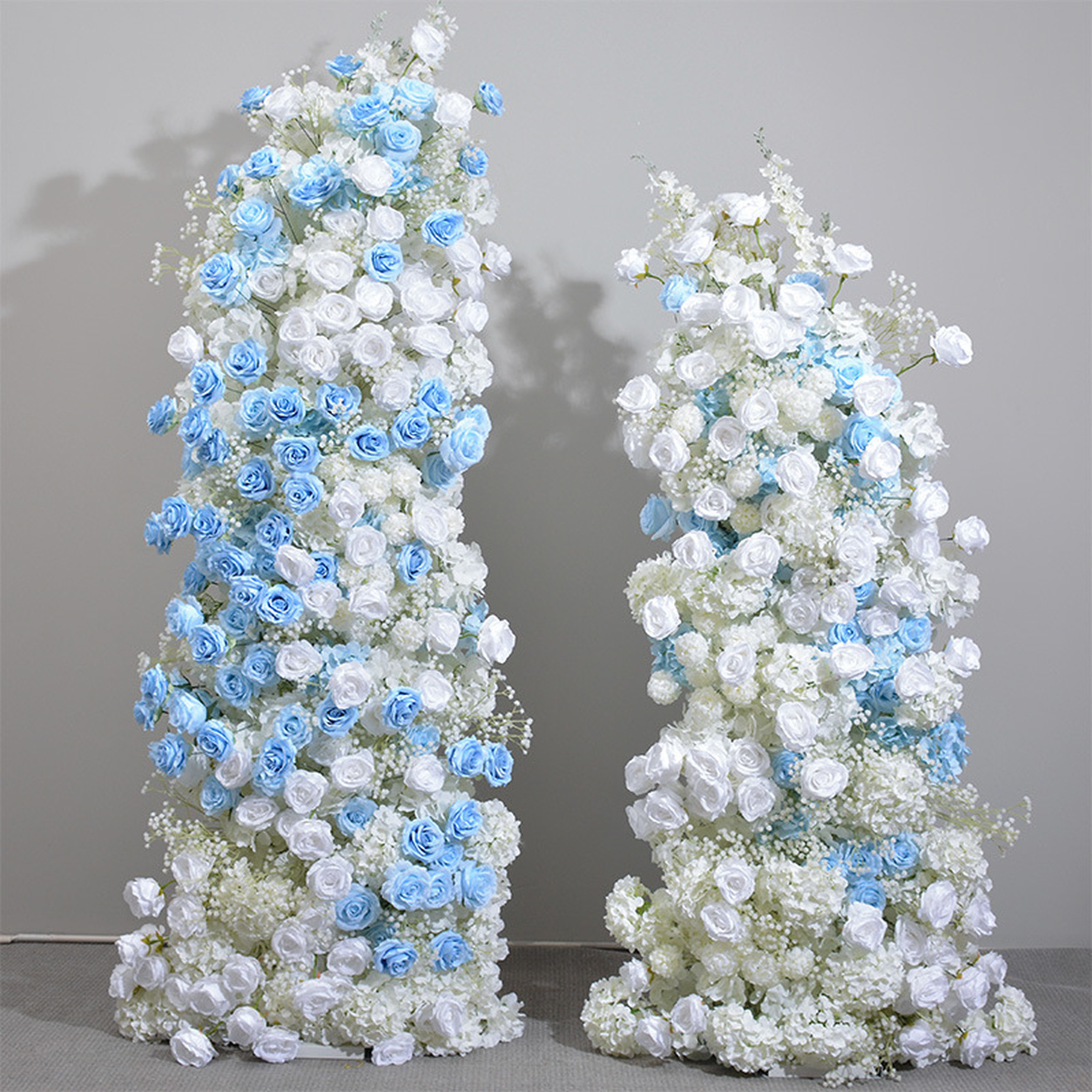 Blue White Rose Floral Pillar Arrangement, Artificial Flower Column Backdrop for Wedding Ceremony Arch, Baby Blue Hydrangea Flower Stand Decor, No Stand Included