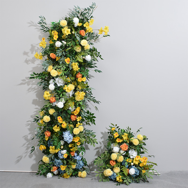 78.7in & 23.6in Yellow Greenery Floral Pillar Set, Sunflower Orange White Blue Artificial Flower Column Backdrop for Spring Wedding Ceremony Arch, Outdoor Garden Party Floral Decor, Flower Only No Stand Included