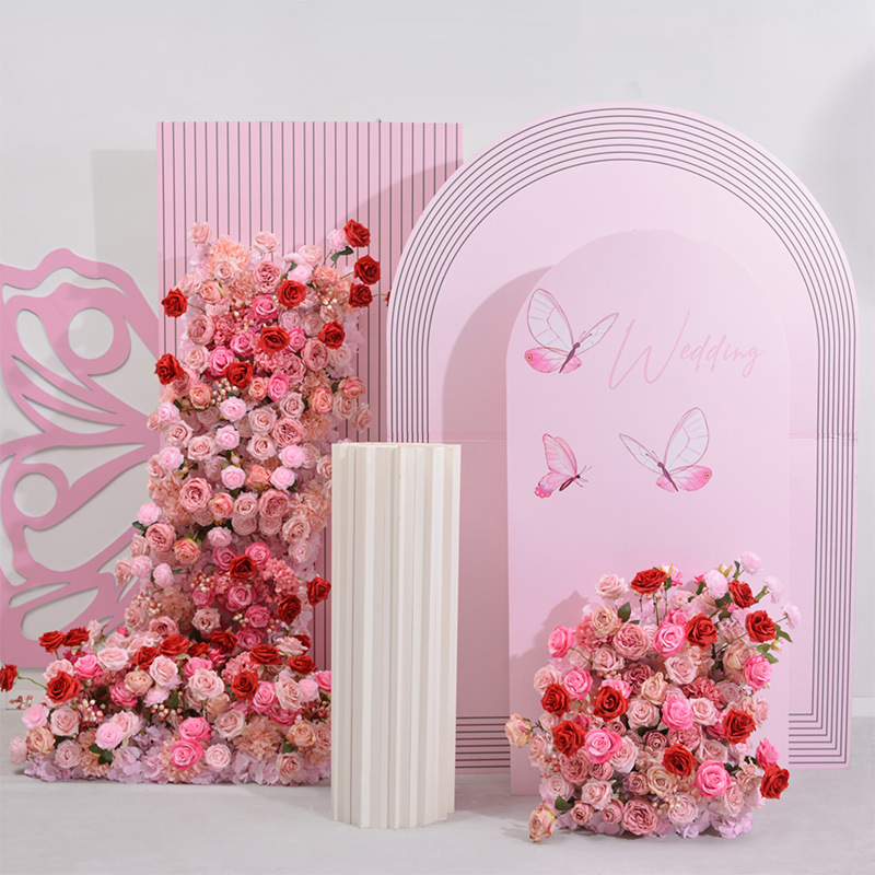 67in & 31.5in Pink Red Rose Floral Pillar Set, Dusty Blush Artificial Flower Column Backdrop for Wedding Welcome Arch, Bridal Shower Photo Booth Floral Decor, Flower Only No Stand Included