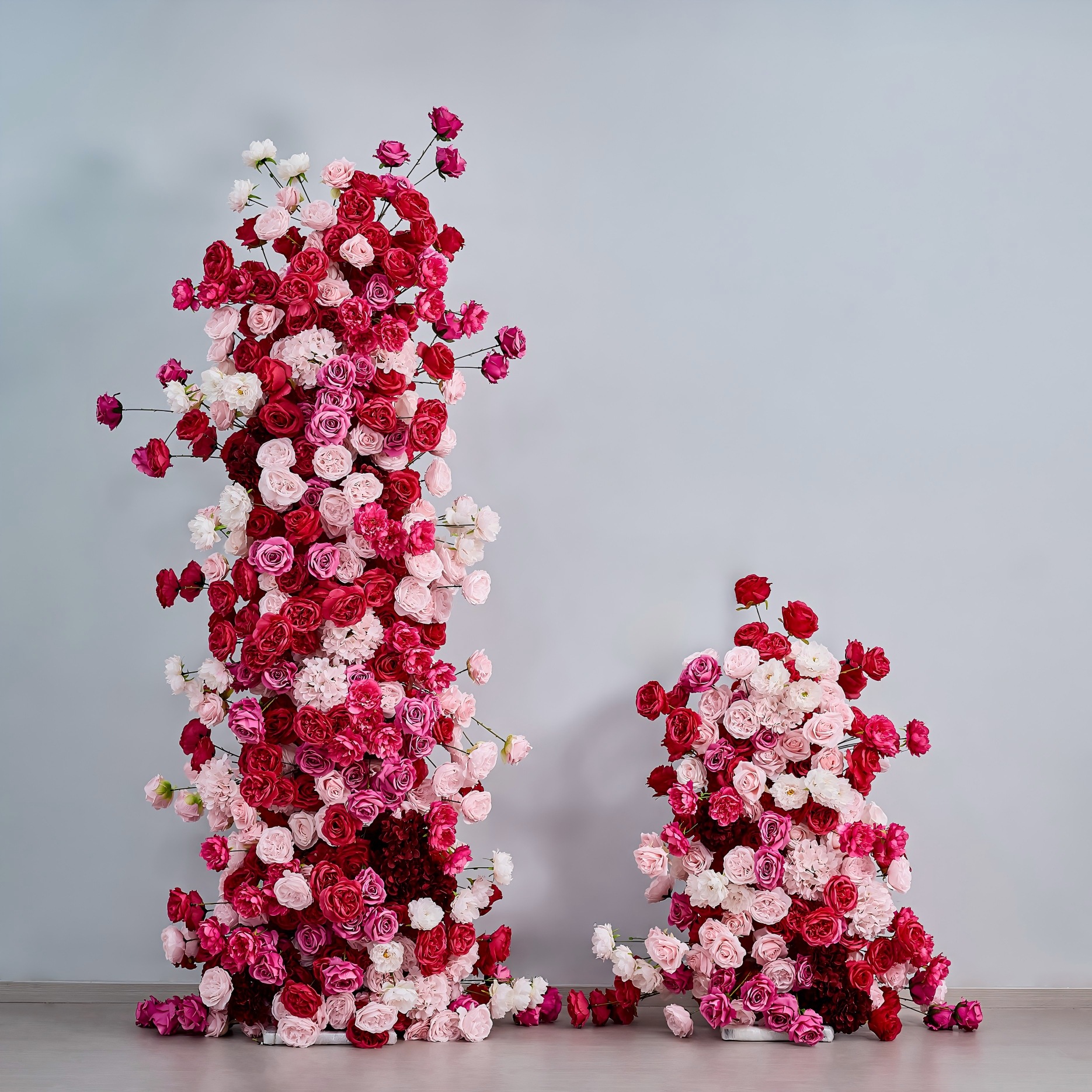 78.7in & 39.4in Red Pink White Floral Pillar Set, Burgundy Blush Artificial Rose Flower Column Backdrop for Wedding Ceremony Arch, Bridal Shower Reception Entrance Floral Decor, Flowers Only Without Metal Stand