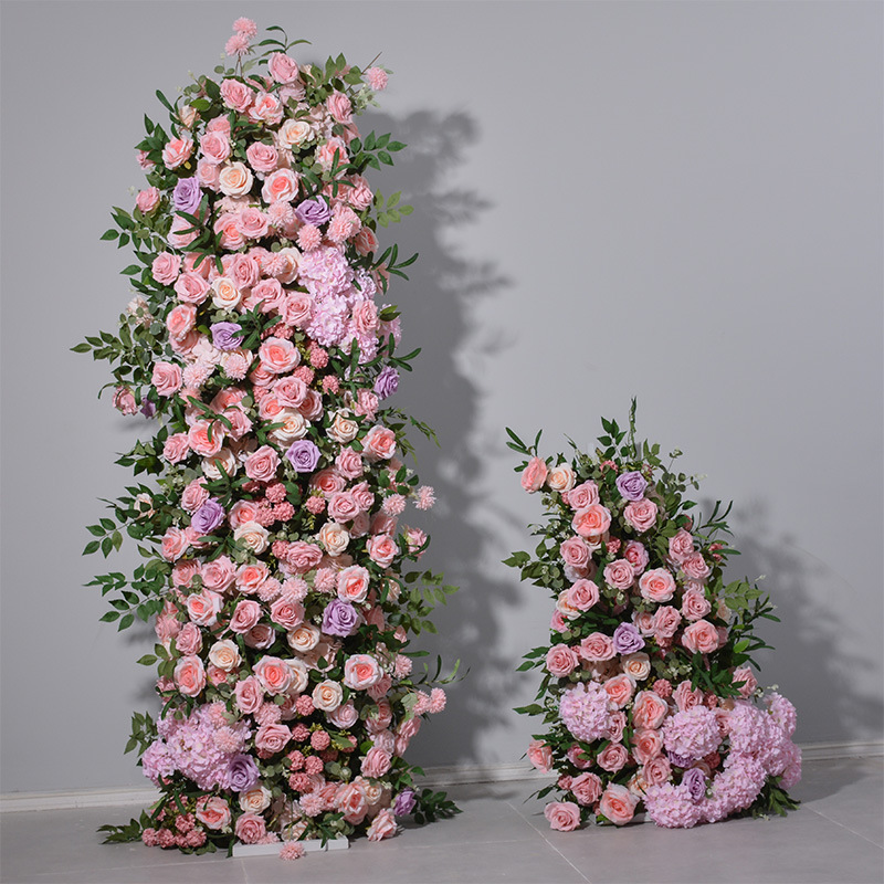 78.7in & 43.3in Blush Lavender Greenery Floral Pillar Set, Pink Purple Silk Rose Flower Column for Wedding Arch Backdrop, Bridal Shower Ceremony Entrance Floral Decor, Flowers Only Without Metal Stand