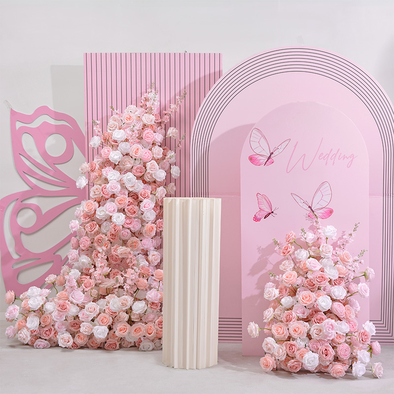 Blush Pink White Artificial Flower Arrangement Set 180cm & 100cm Silk Rose Floral Runner for Wedding Backdrop, Bridal Shower, Party Decor, Stand Not Included