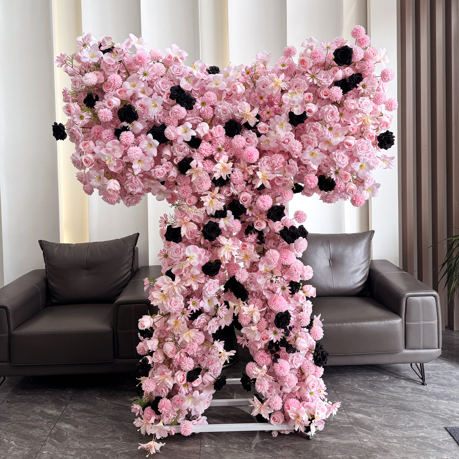 Pink Black Heart Shaped Artificial Flower Arch with Metal Frame, Gothic Floral Backdrop for Wedding Ceremony, Photo Booth, Bridal Shower and Party Decor