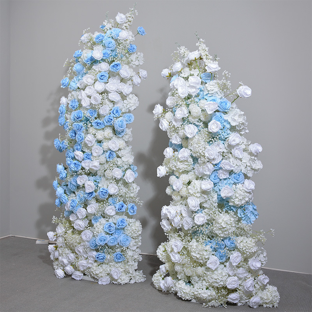 Blue White Rose Floral Pillar Arrangement, Artificial Flower Column Backdrop for Wedding Ceremony Arch, Baby Blue Hydrangea Flower Stand Decor, No Stand Included