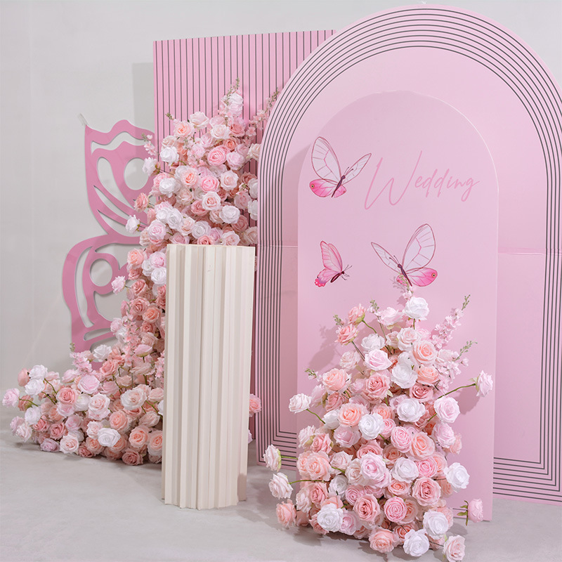 Blush Pink White Artificial Flower Arrangement Set 180cm & 100cm Silk Rose Floral Runner for Wedding Backdrop, Bridal Shower, Party Decor, Stand Not Included