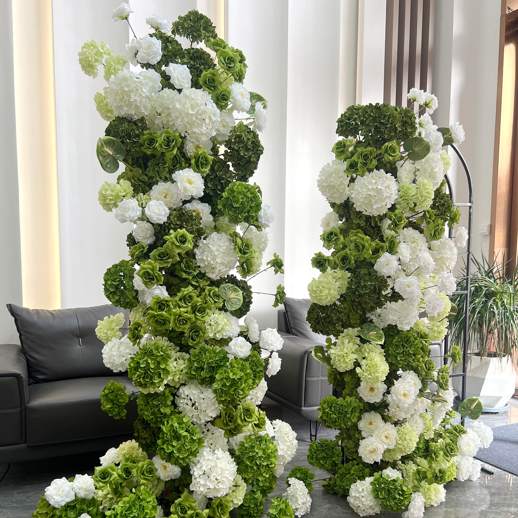 Green White 2-Piece Artificial Flower Columns for Wedding Backdrop Decor